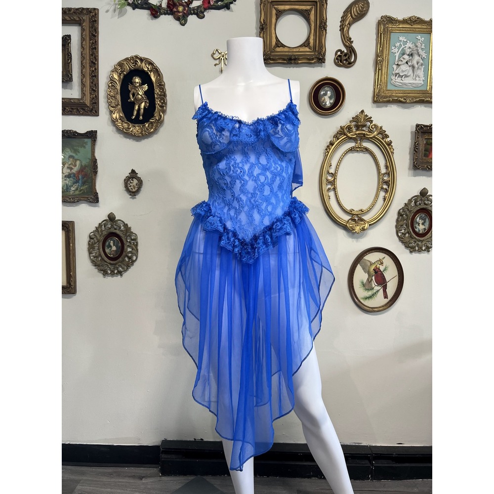 Vintage Empire Intimates Royal Blue Lace Chemise Slip & Matching Panty Set Siz S